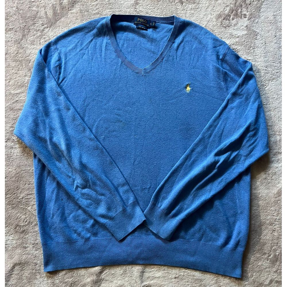 Polo Ralph Lauren Sweater Mens Blue‎ Pullover Pima Cotton V Neck Knit Sz Large